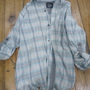 Calvin Klein Mint & Peach Plaid Button-Up Shirt Boys Size XL